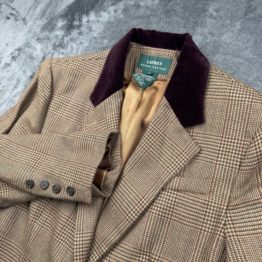 Lauren Ralph Lauren 100% Wool Glen Plaid Blazer Velvet Collar Brown Tan Size 14